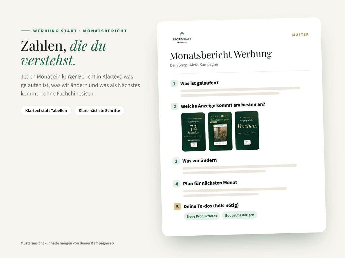 Abo · Werbung Start: Monatsbericht in Klartext (Musteransicht)