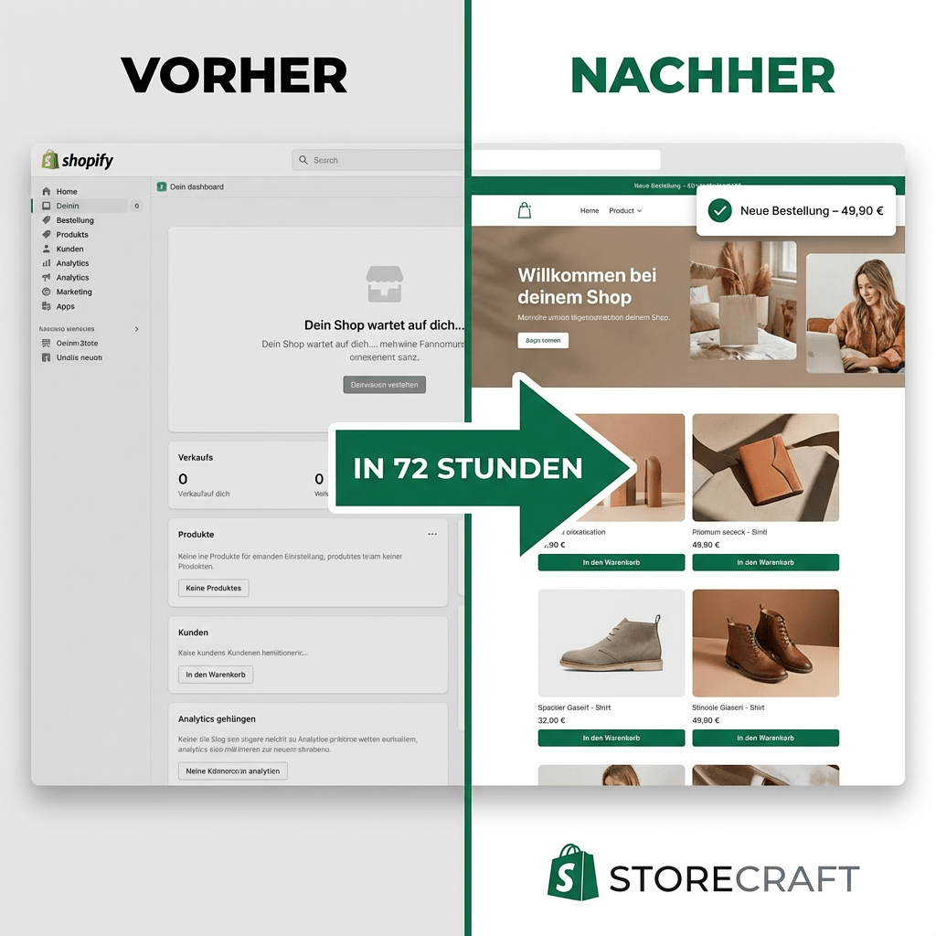 Vorher-Nachher Vergleich: leerer Shopify-Shop vs. fertiger Storecraft-Shop in 72 Stunden