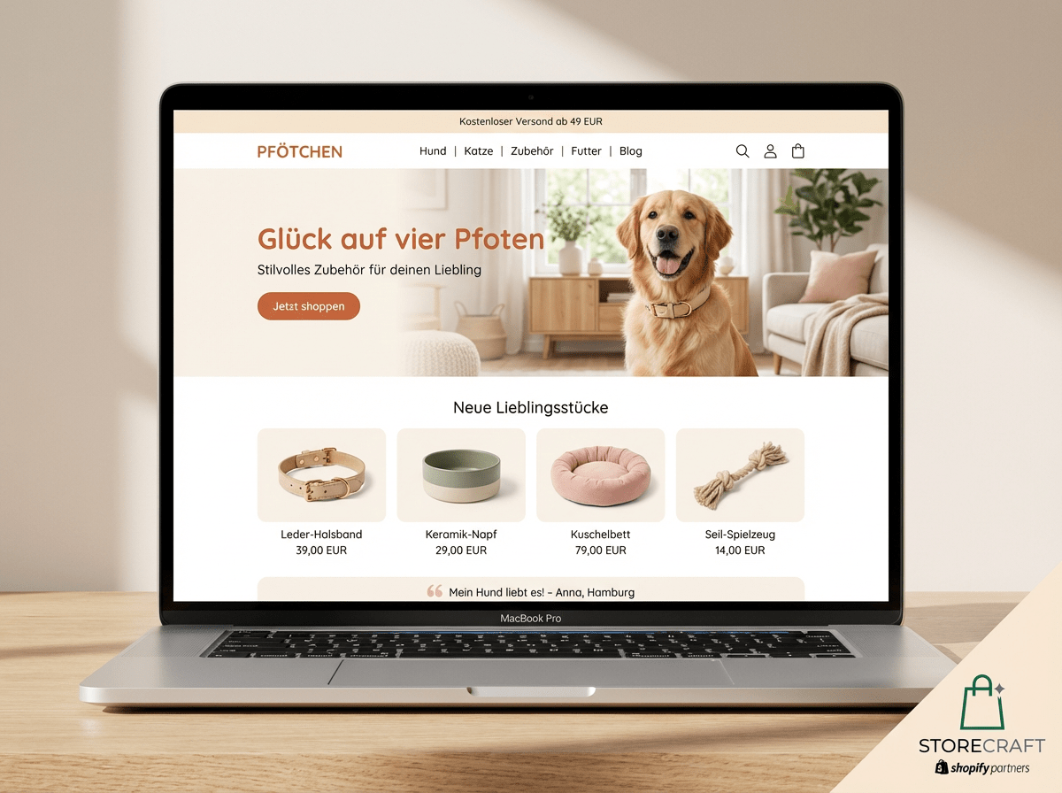 Storecraft Referenzshop Pfötchen — fertiger Shopify-Shop für Hundezubehör