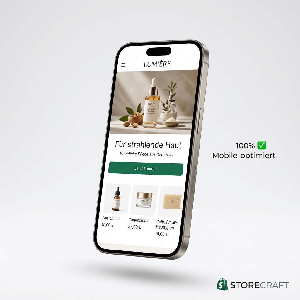 Mobile Ansicht eines Storecraft Shopify-Shops auf dem Smartphone