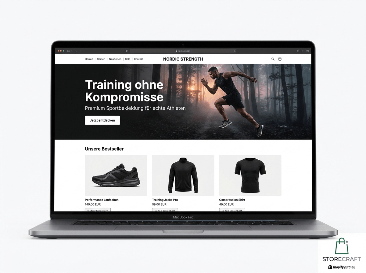 Storecraft Referenzshop Nordic Strength — fertiger Shopify-Shop für Sportbekleidung