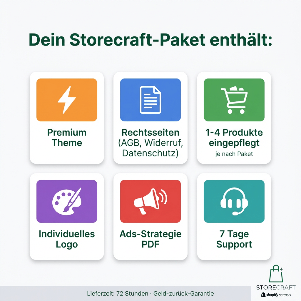 Storecraft Paket-Inhalt: Premium Theme, Rechtsseiten, Produkte, Logo, Ads-Strategie und 7 Tage Support